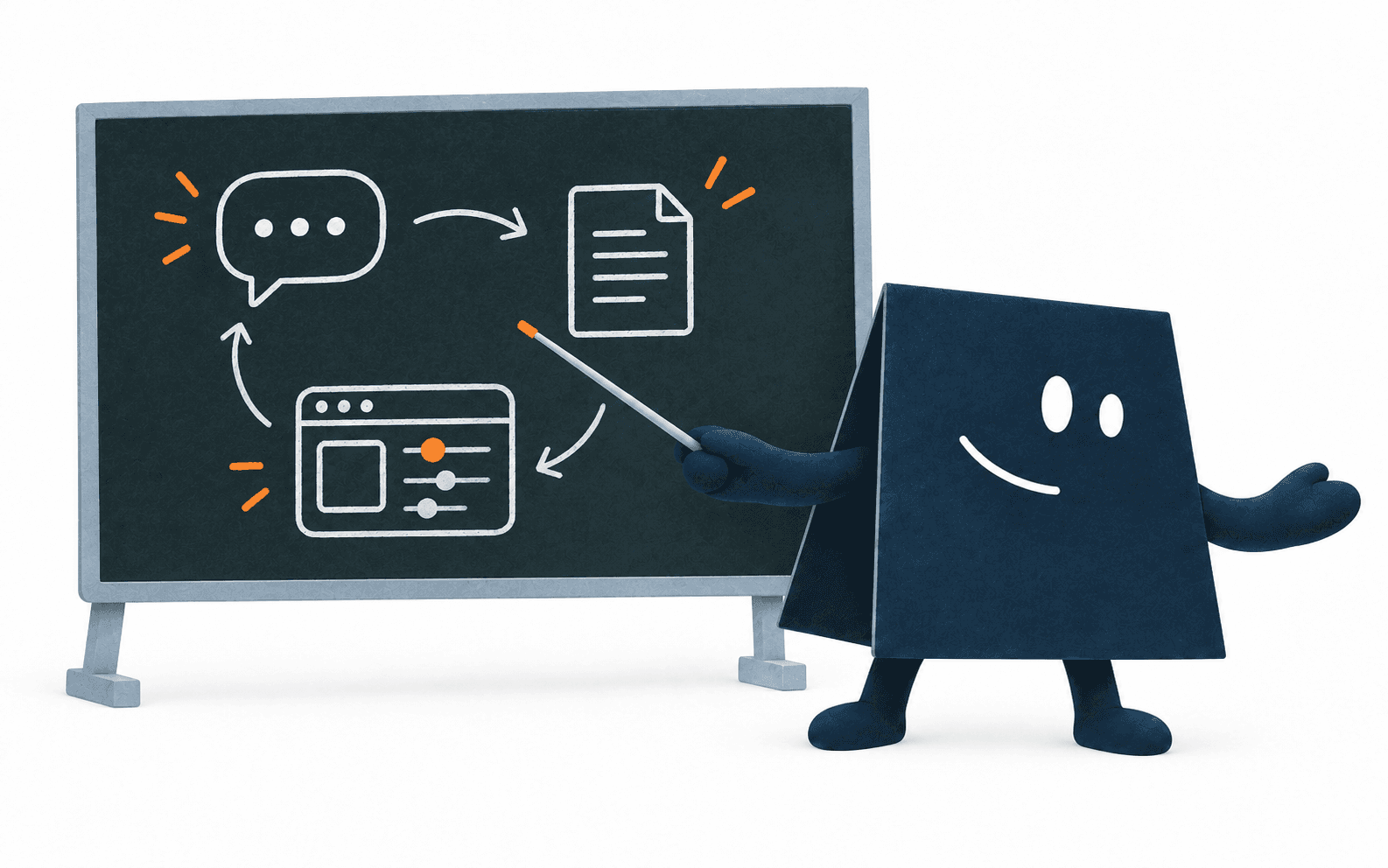 Jくんが黒板の図を指示棒で示し、AIの使い方を教えるイラスト。